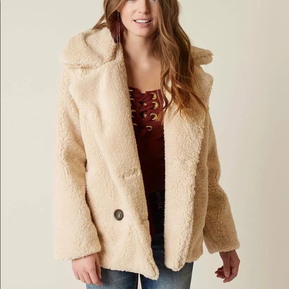 Free People Notched Teddy Peacoat Coat Faux Fur